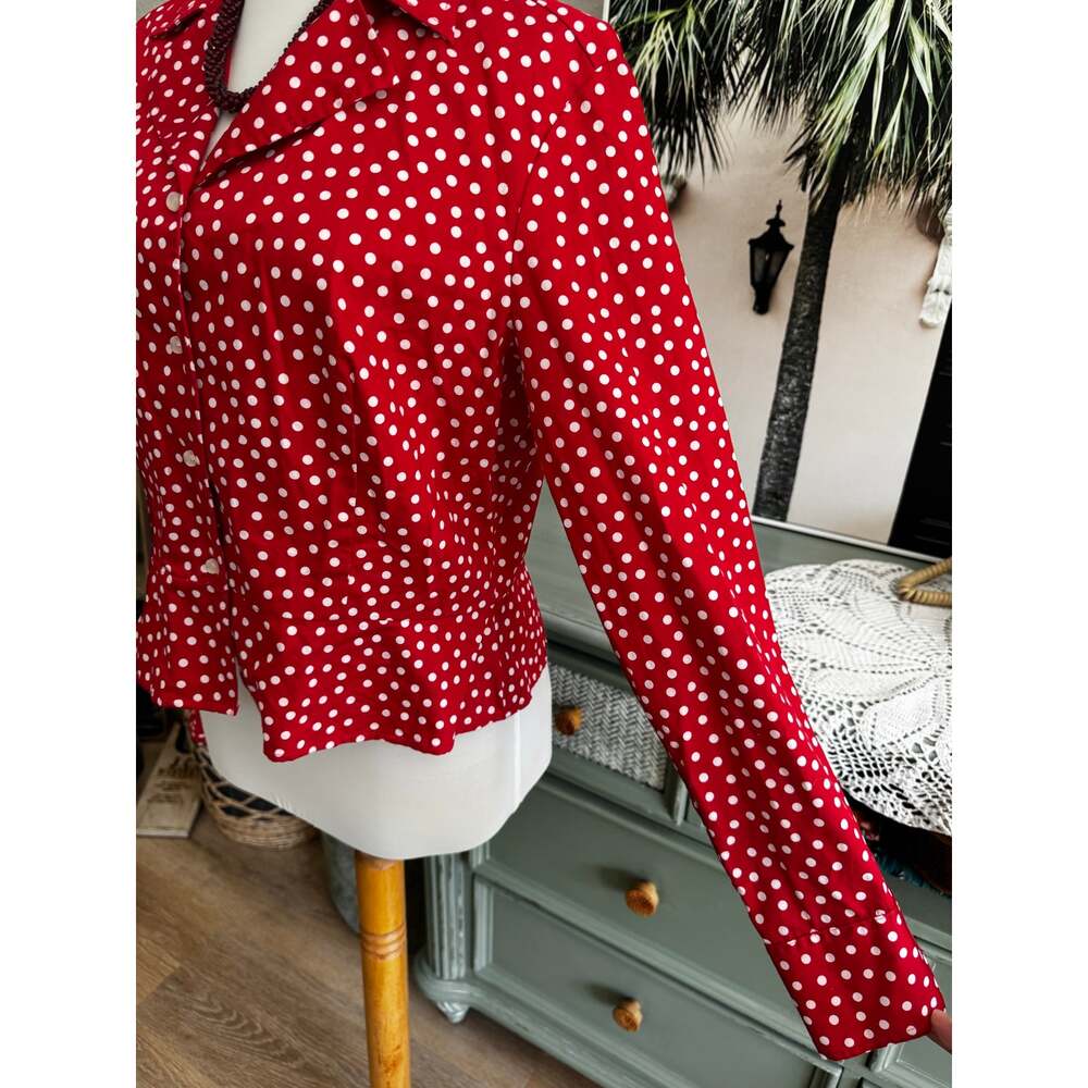 Jones New York Petite Large Red White Polka Dot Peplum Blouse Retro Pinup PL - Picture 4 of 8